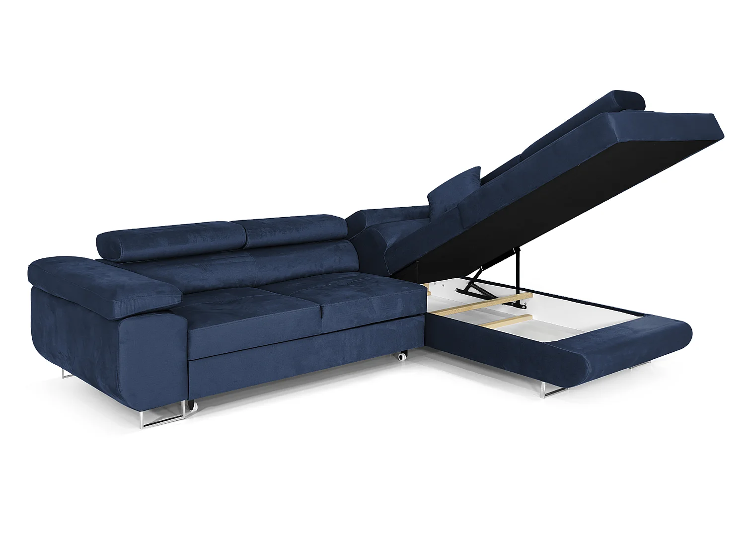 Canapé-lit Comfortino NOLA en Velours en Forme de L avec Rangement Bleu Foncé Angle Gauche