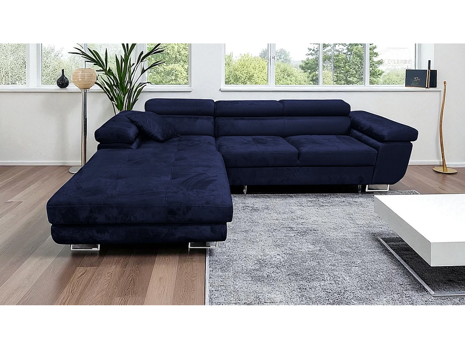 Meubles Comfortino Canapé-Lit Rodrigo en Forme de L avec Rangement Velours Bleu Marine 3 Places Design Moderne