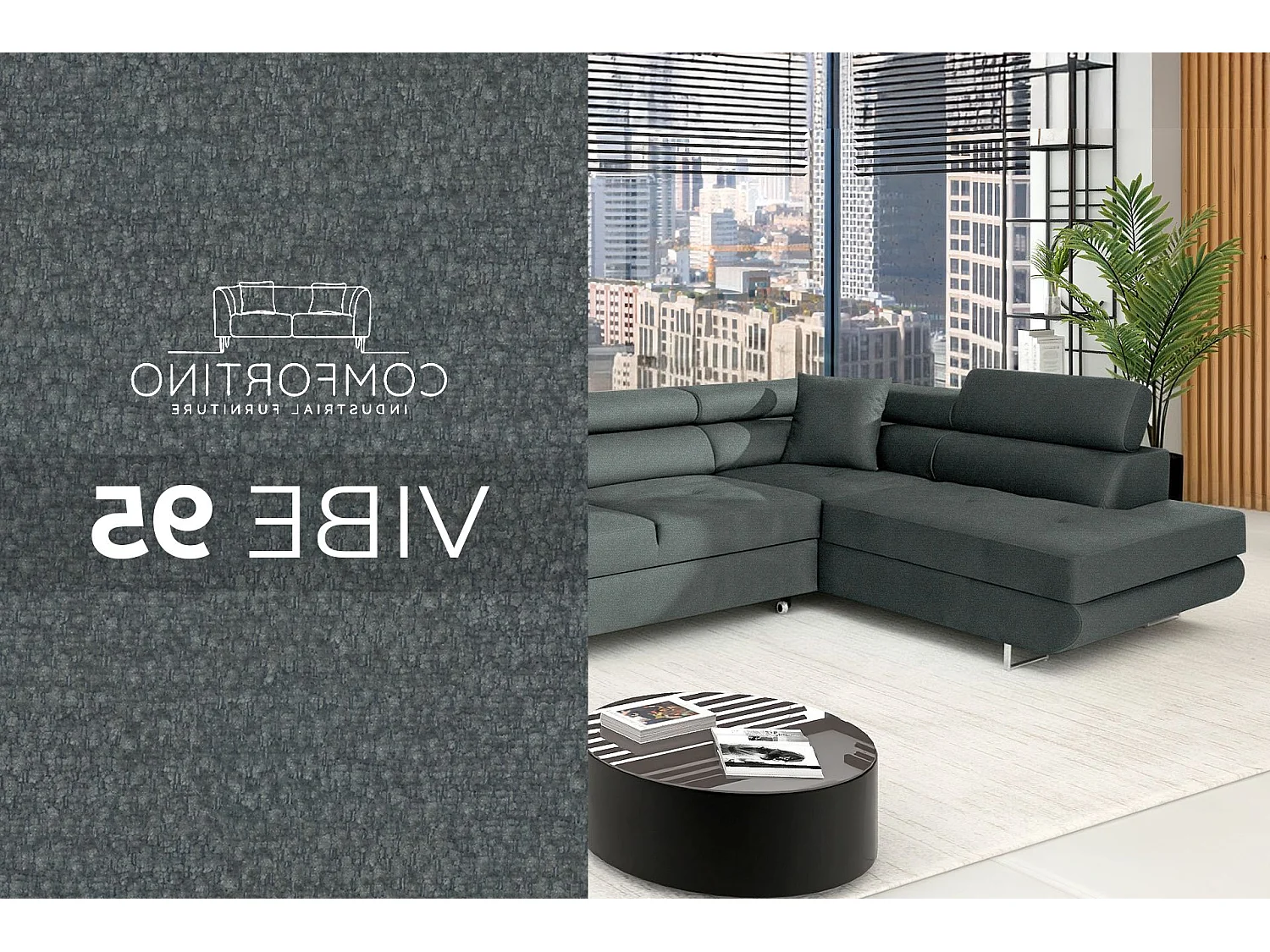 Canapé-Lit en Velours Gris Graphite COMFORTINO FURNITURE PASTI L-Form avec Rangement - Canapé d'Angle Moderne 3 Places