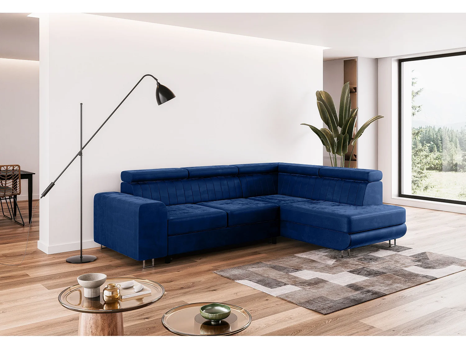 Canapé-Lit Comfortino Furniture NOLA en Forme de L en Velours avec Rangement Bleu Foncé Angle Droit 3 Places