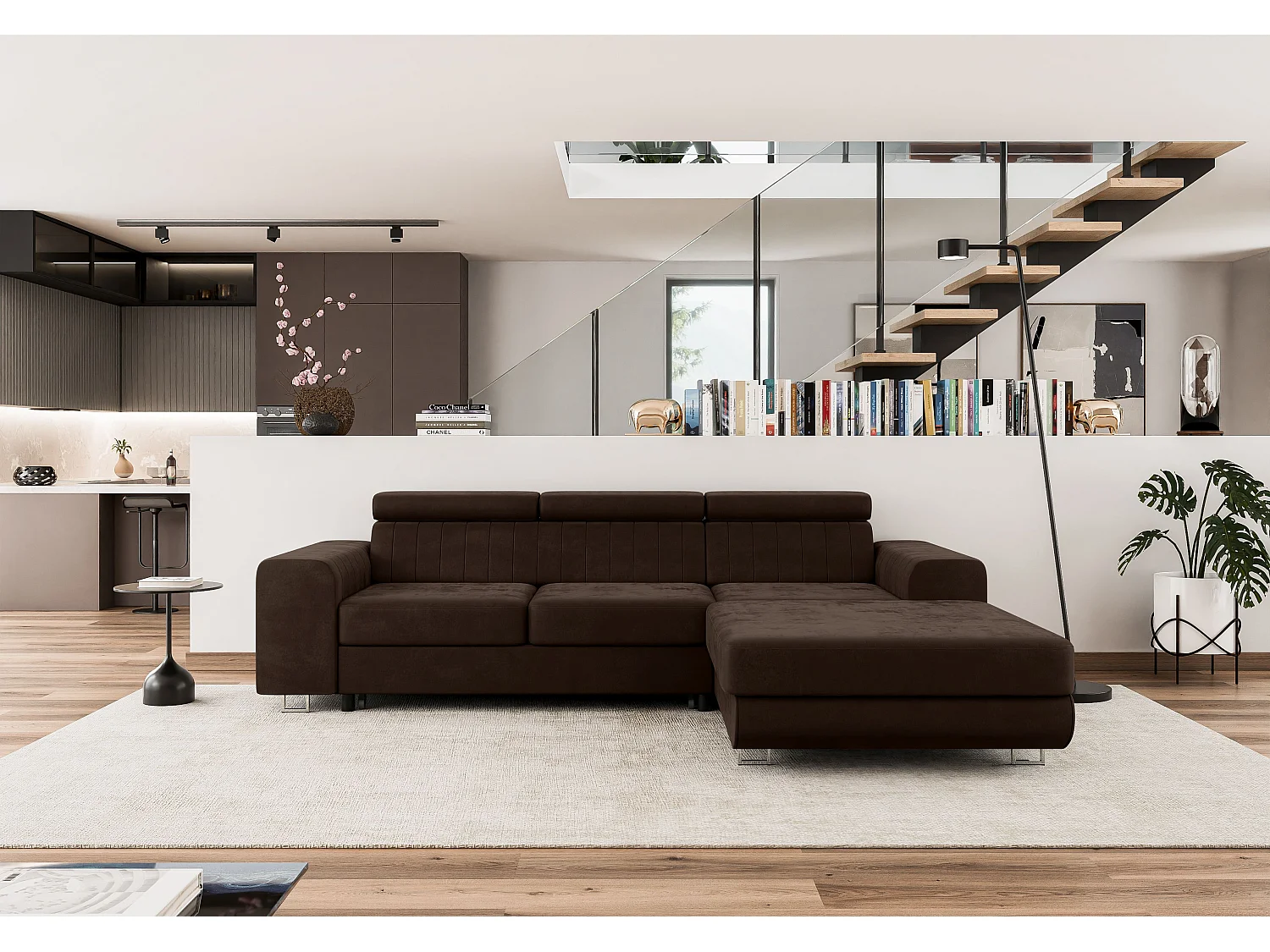 Canapé Comfortino Furniture NOTA L-Form avec Fonction Canapé-Lit et Compartiment de Rangement Velours Marron 3 Places