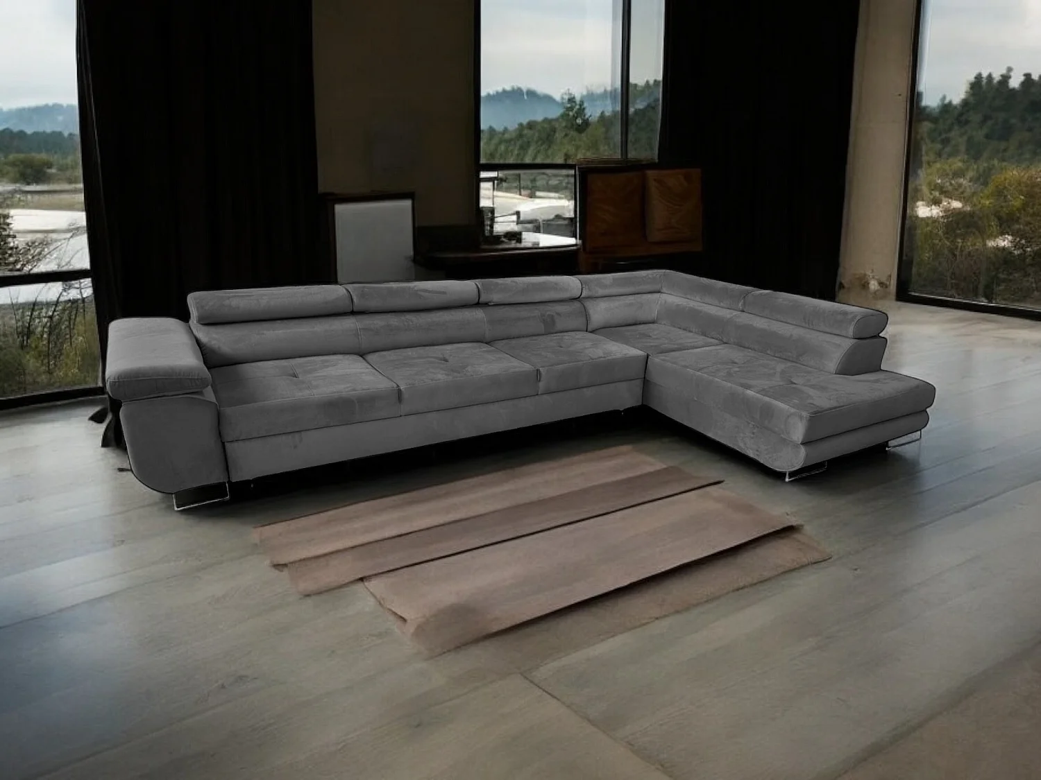 Élégant Canapé-Lit en Forme de L en Velours Noir avec Rangement - MOBILIER COMFORTINO PASTI