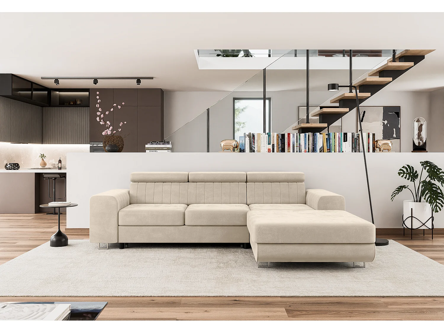 Canapé-Lit Comfortino Furniture NOTA L-Form en Velours avec Rangement Beige Angle Gauche