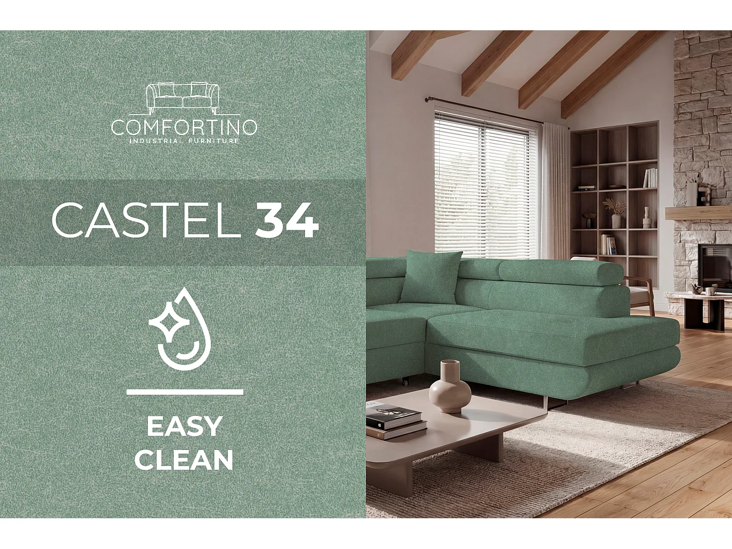 Canapé-lit Comfortino Furniture PASTI L-Form avec Rangement Velours Vert Sauge Angle Gauche