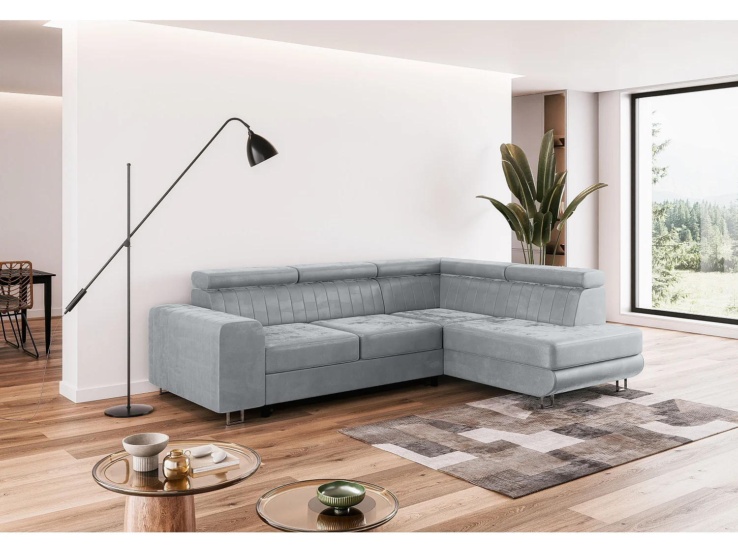 Canapé-lit Comfortino Furniture NOLA L-Form en Velours avec Rangement Gris Clair Angle Droit