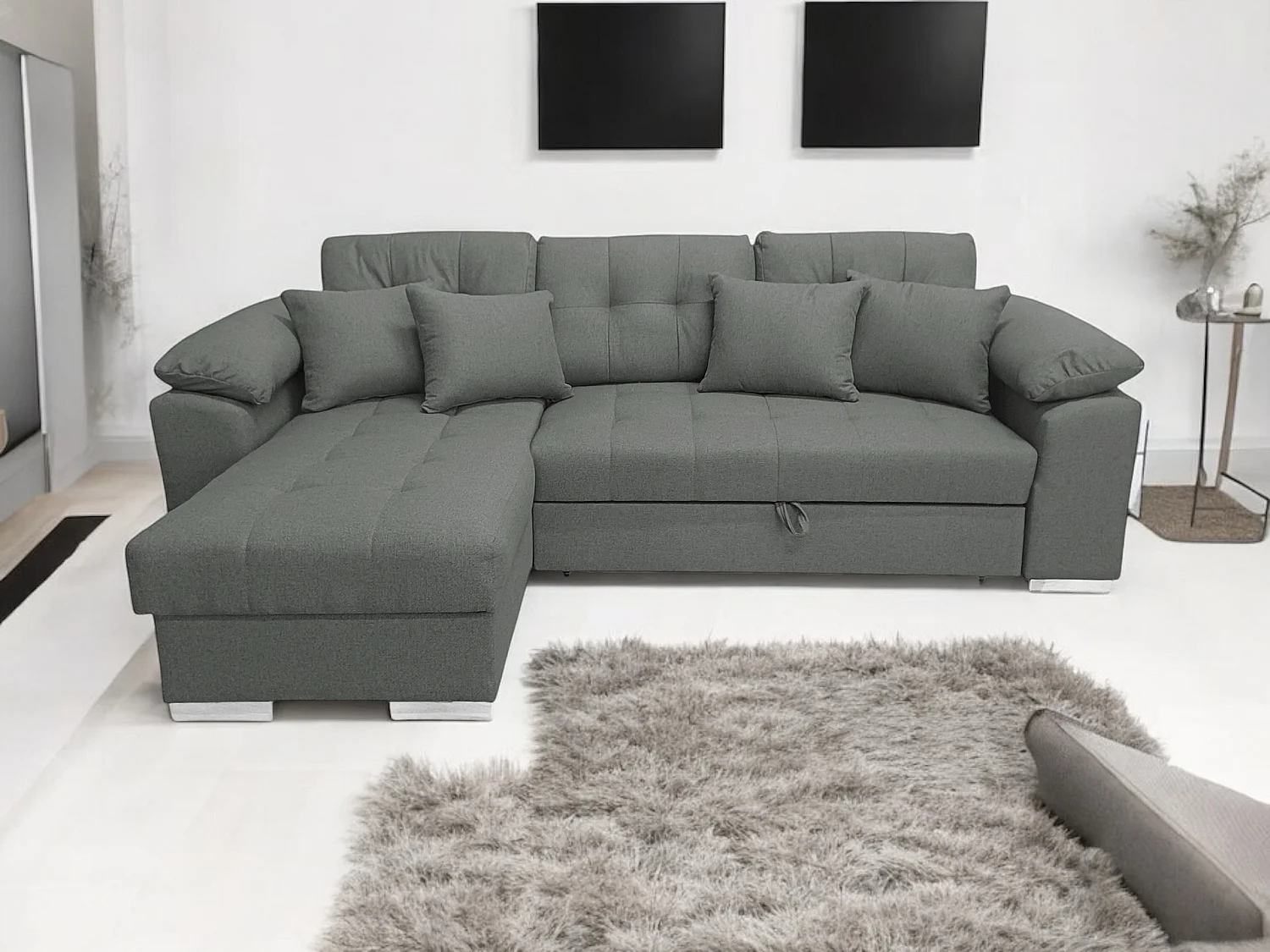 Élégant Grand Canapé-lit PASTI en Forme de U en Velours avec Rangement en Gris Clair par COMFORTINO FURNITURE