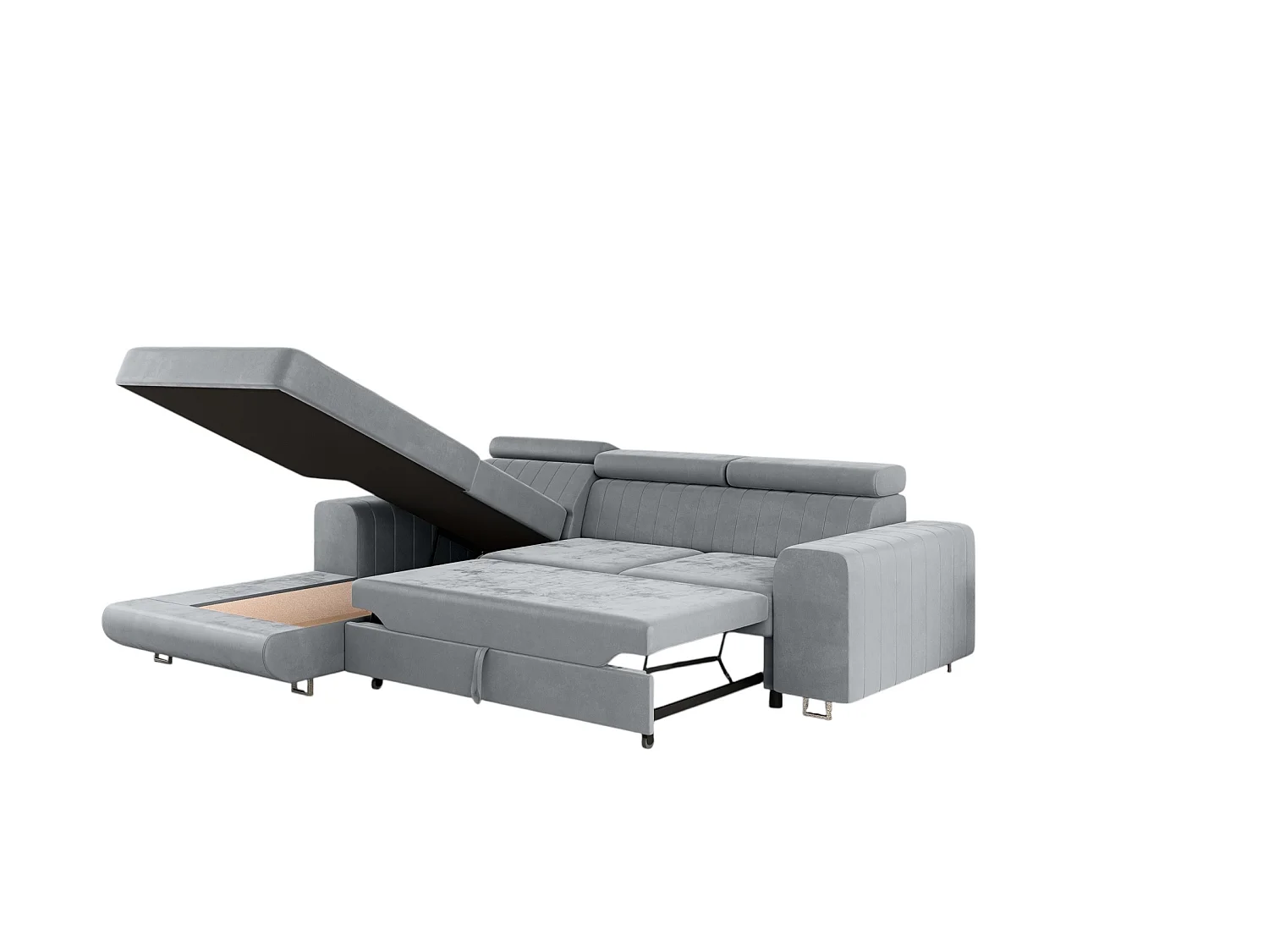 Mobilier Comfortino NOTA Canapé-Lit en Velours en Forme de L avec Rangement Gris Clair Angle Gauche