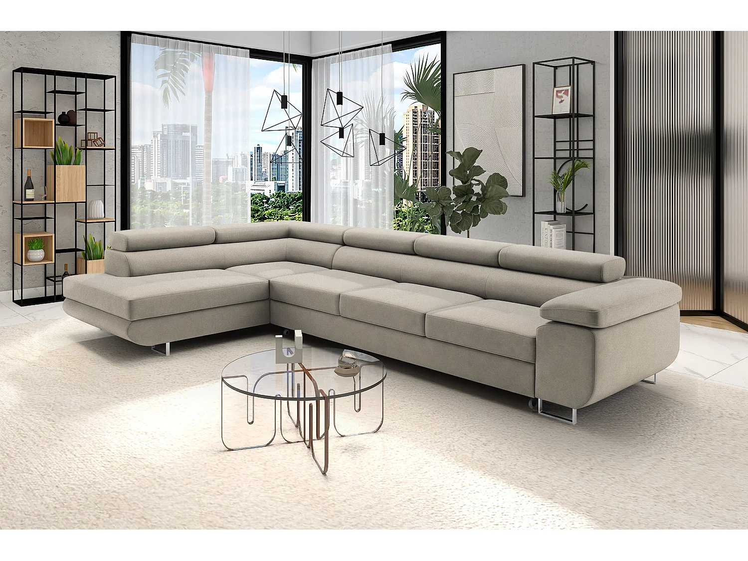 Mobilier Comfortino NOTA Canapé-Lit en Velours en Forme de L avec Rangement Gris Clair Angle Gauche