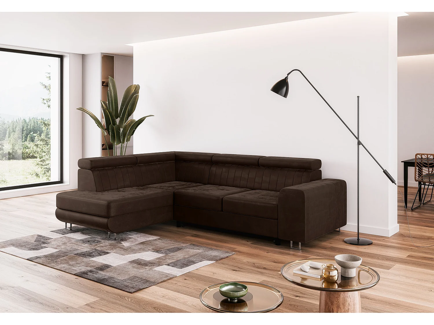 Canapé-lit Comfortino Furniture NOLA L-Form en Velours avec Rangement Marron Moderne 3 Places