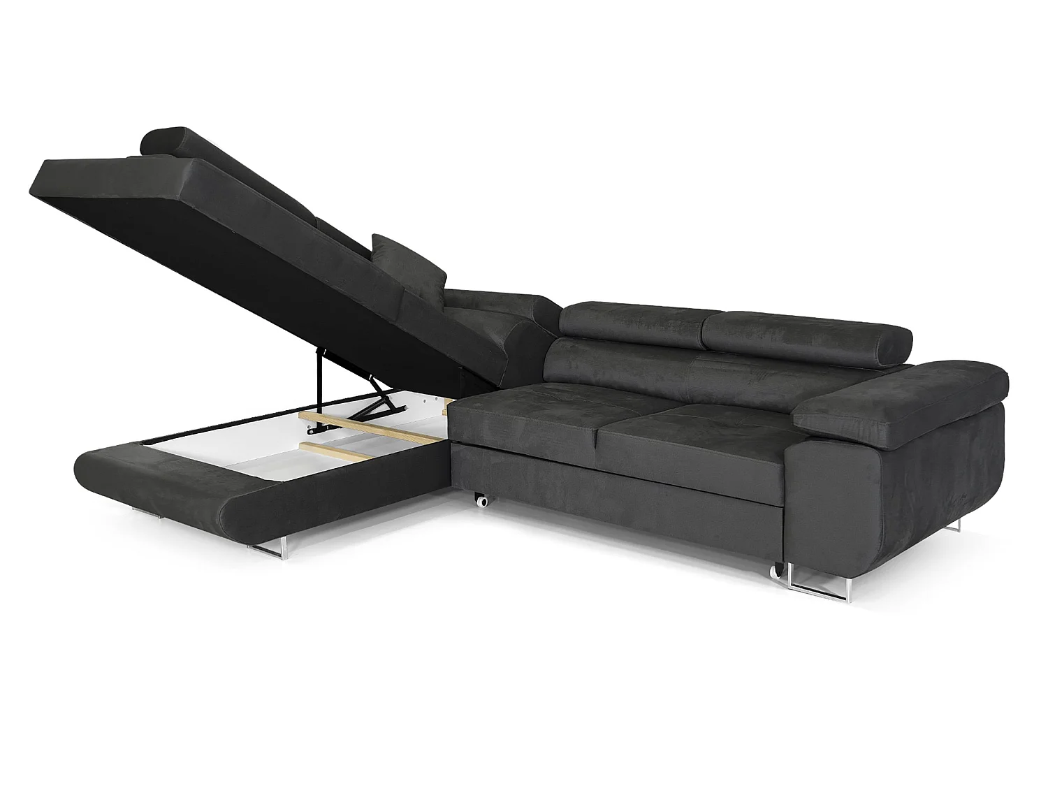 Canapé 3 Places COMFORTINO FURNITURE PASTI L-Form en Velours avec Fonction de Couchage et Rangement Gris Anthracite Angle Gauche