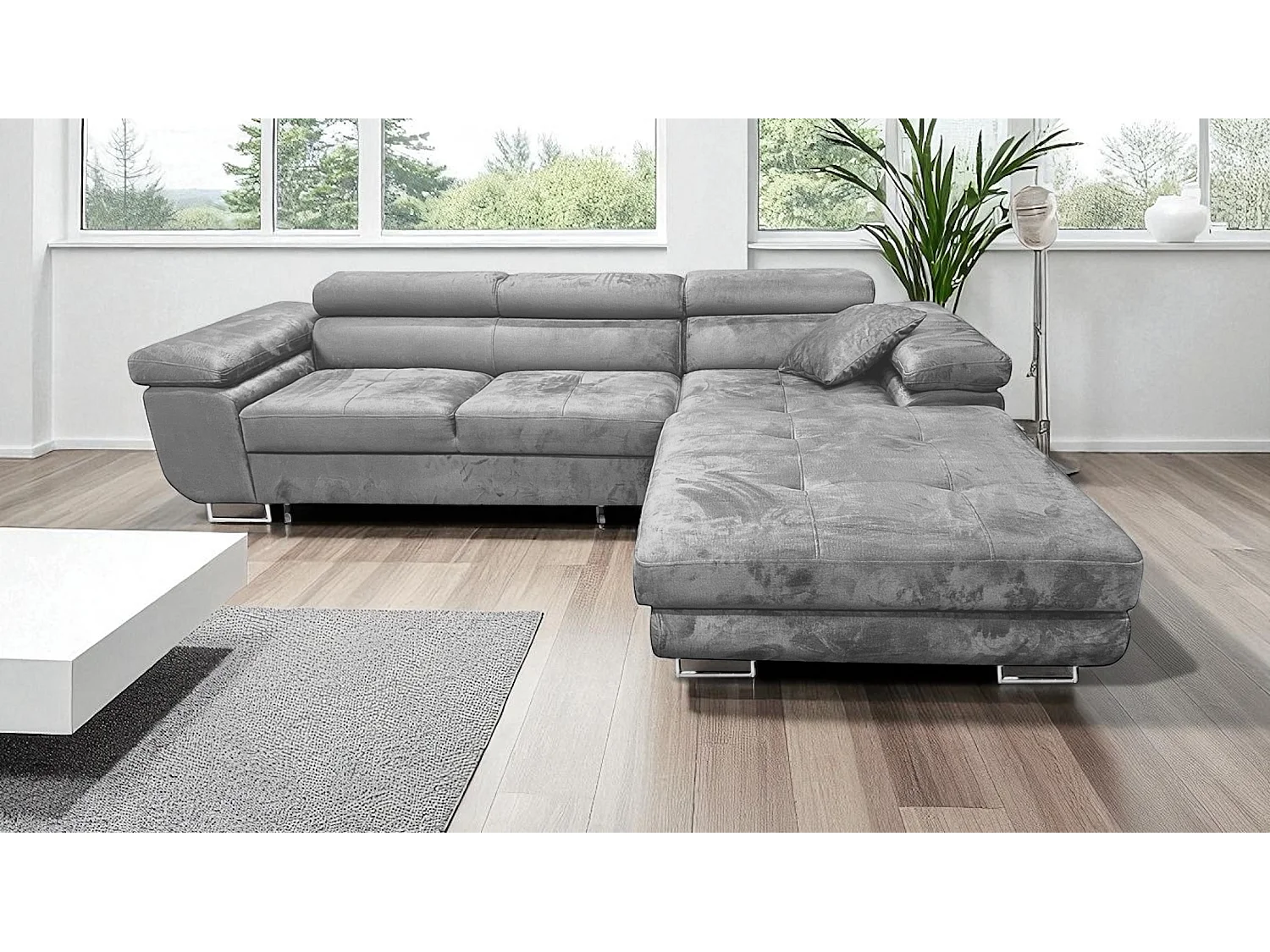 Canapé-lit moderne en forme de L avec rangement en tissu velours taupe clair - 3 places
