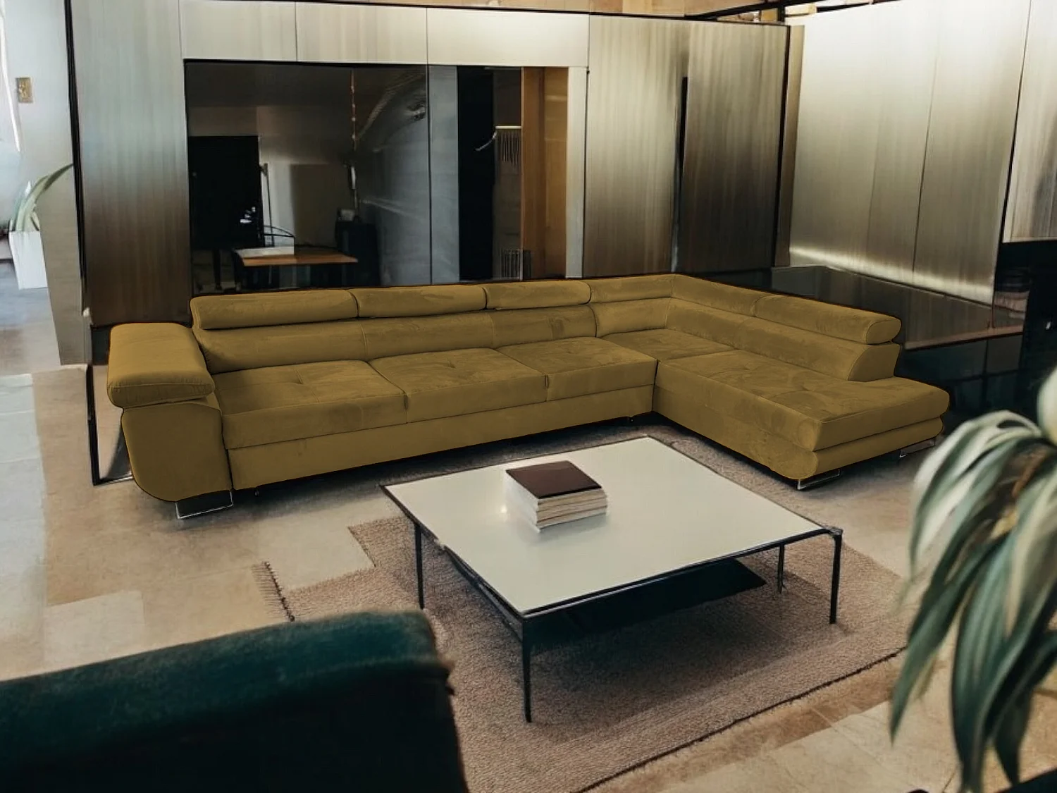 Canapé-Lit Moderne en Forme de L en Velours Vert avec Rangement - MOBILIER COMFORTINO PASTI