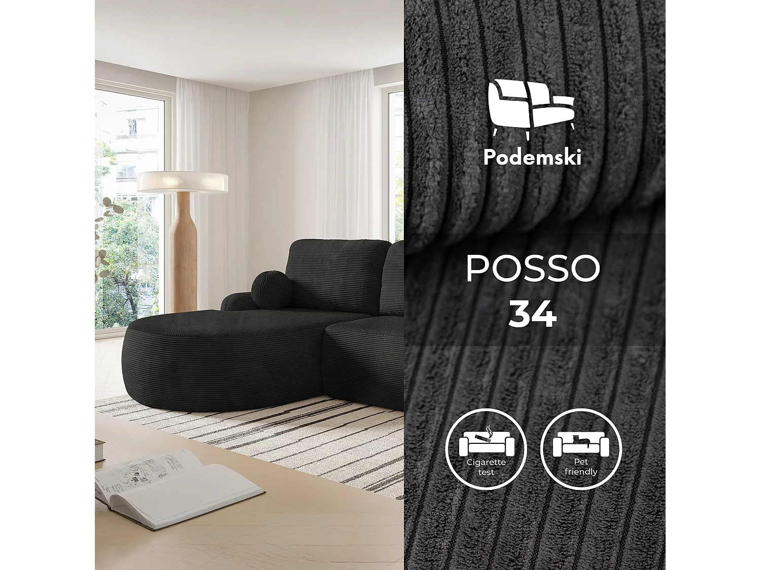 Ecksofa mit Schlaffunktion MIKI L-Form Sofa Couch mit Bettkasten Cordstoff Graphit Links