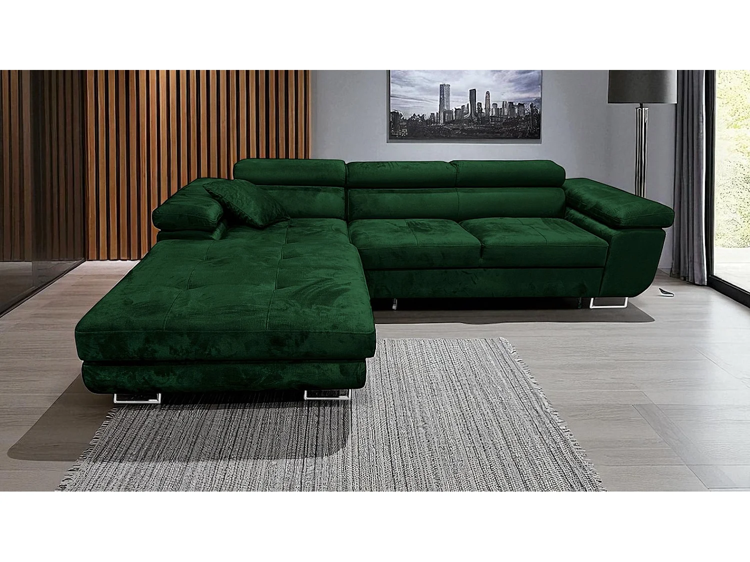 Canapé-lit Comfortino Rodrigo en forme de L avec rangement Velours Vert Design Moderne