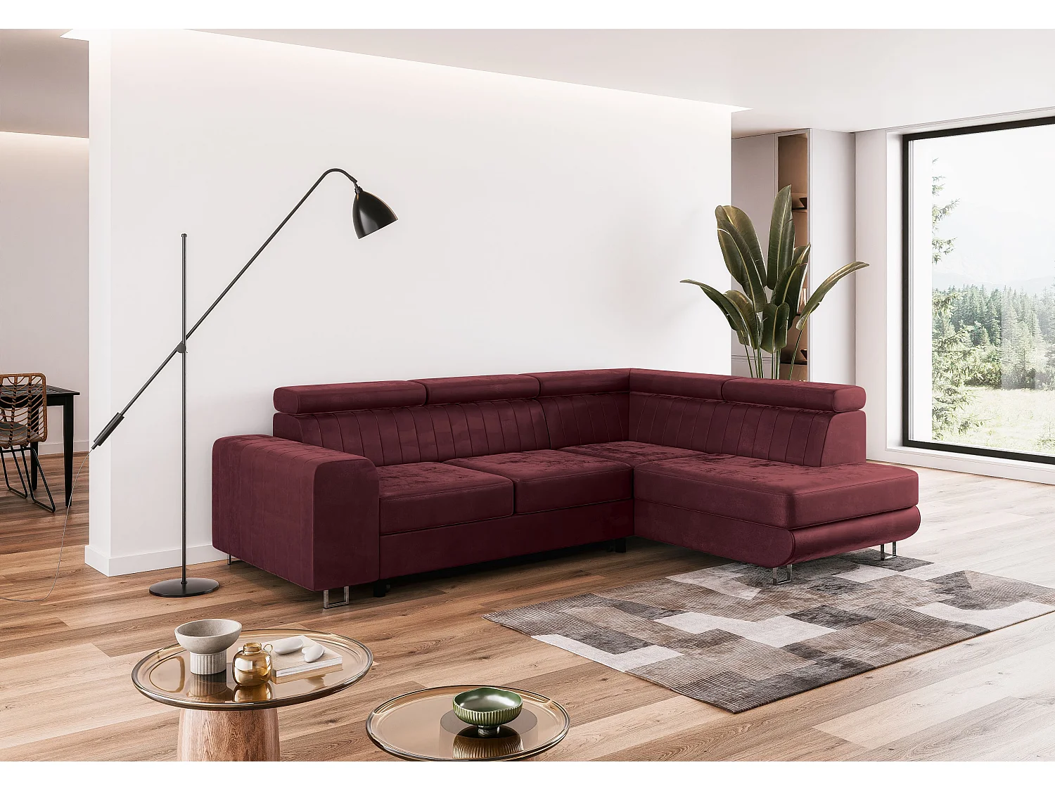 Canapé Comfortino NOLA en Forme de L avec Fonction Lit et Rangement Velours Rouge 3 Places
