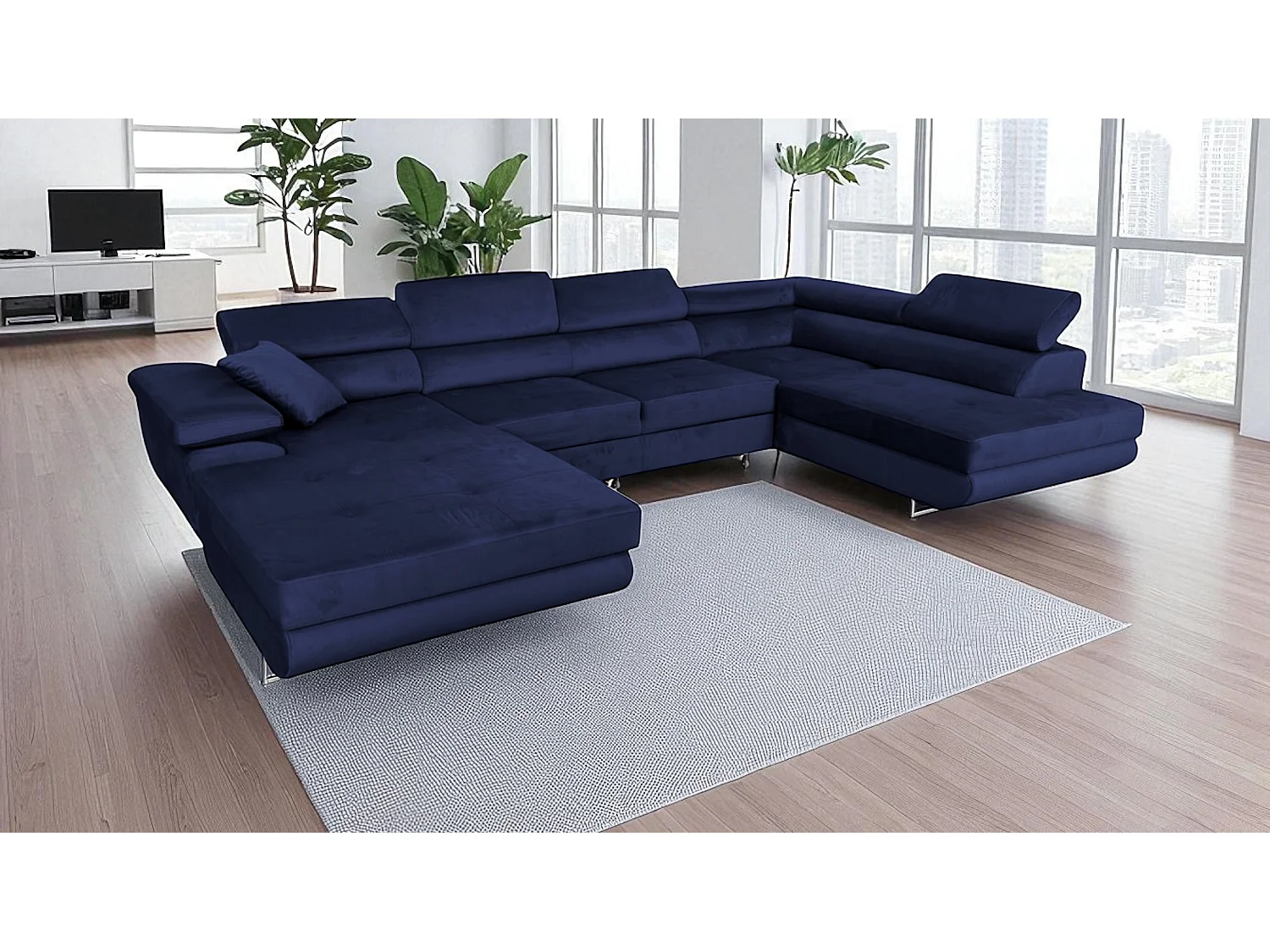 Canapé-Lit COMFORTINO FURNITURE Rodrigo U-Form en Velours avec Rangement Bleu Marine Angle Gauche