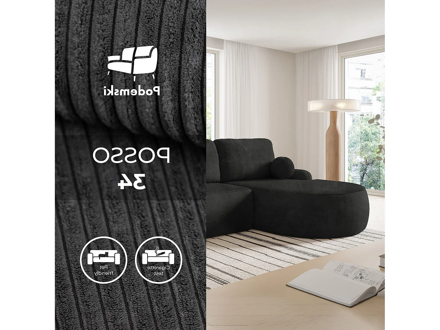 Canapé-lit moderne en forme de L avec rangement en tissu cordon gris anthracite MIKI