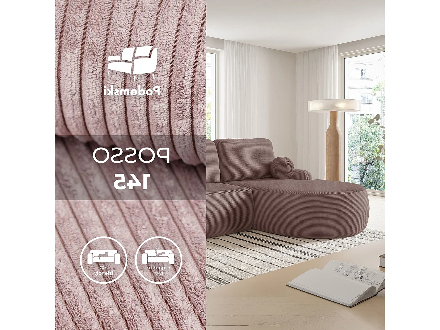 Canapé-lit moderne en forme de L avec rangement en tissu cordon rose taupe - MIKI