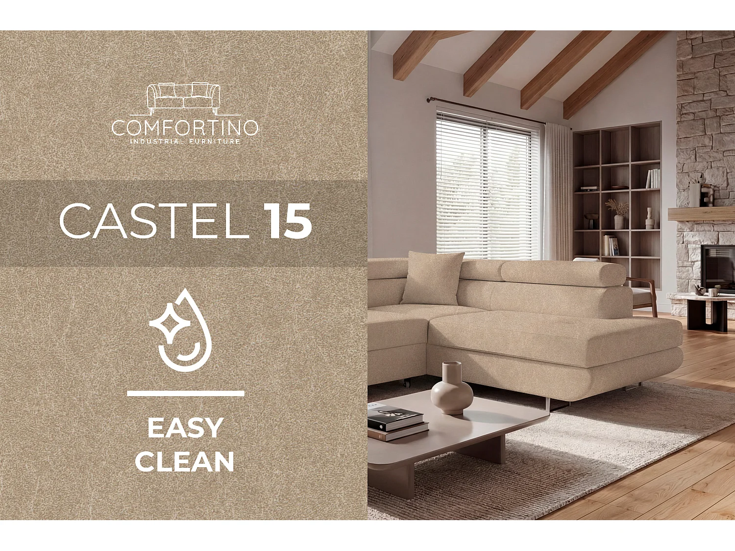 Comfortino Furniture Canapé-lit PASTI L-Form avec Rangement Velours Beige Sable Style Moderne