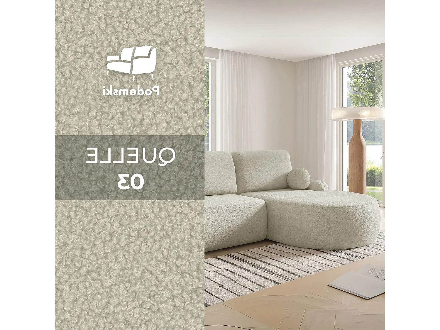 Canapé-lit moderne en forme de L avec rangement - Comfortino Furniture Miki Tissu Bouclé Crème 3 Places