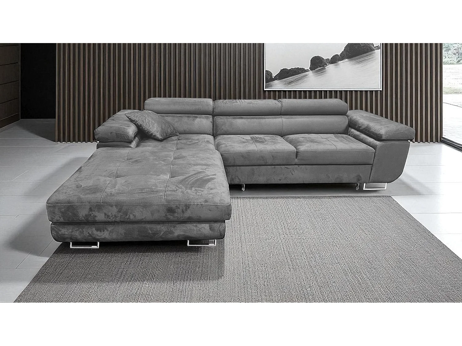 Canapé-Lit Moderne en Forme de L en Velours Gris avec Rangement - Rodrigo