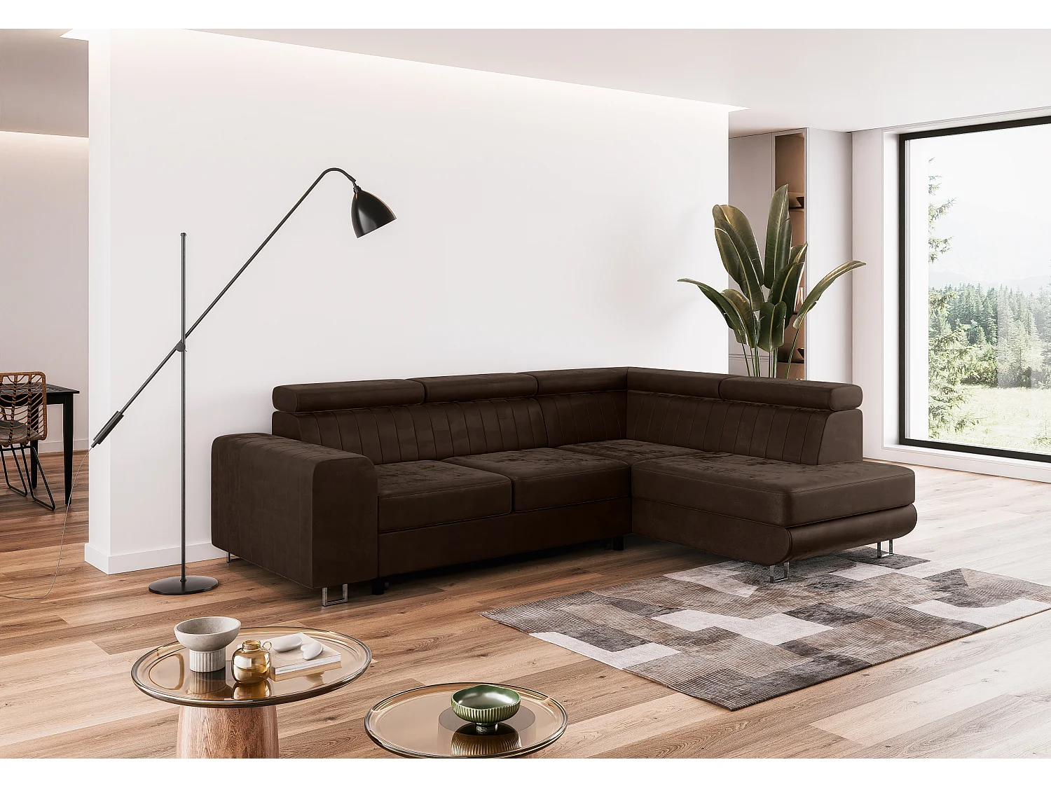 Comfortino Furniture NOLA Canapé-Lit en Velours en Forme de L avec Rangement Marron Angle Droit 3 Places