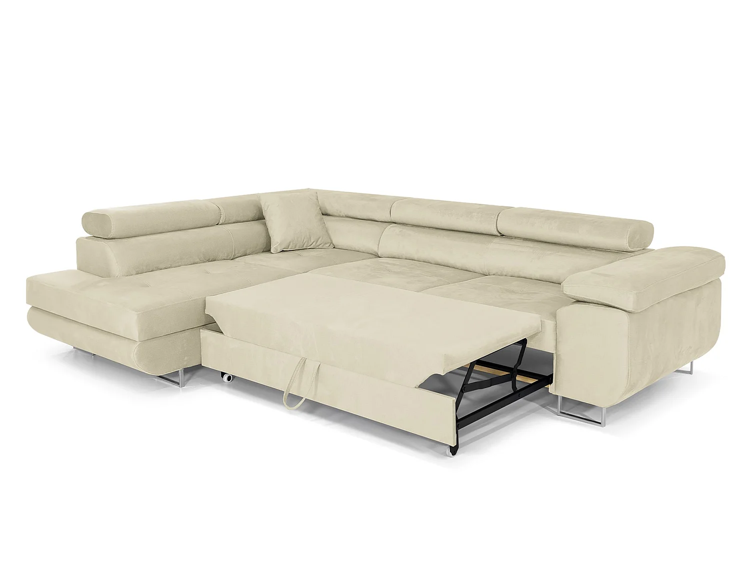 Canapé-lit d'angle COMFORTINO FURNITURE PASTI en velours beige avec rangement - Style moderne
