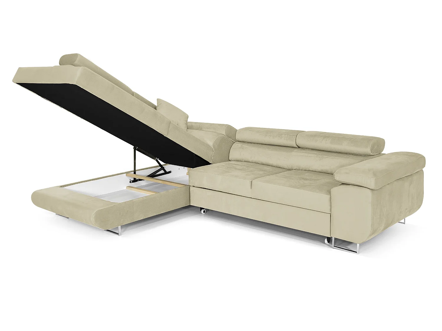 Canapé-lit d'angle COMFORTINO FURNITURE PASTI en velours beige avec rangement - Style moderne