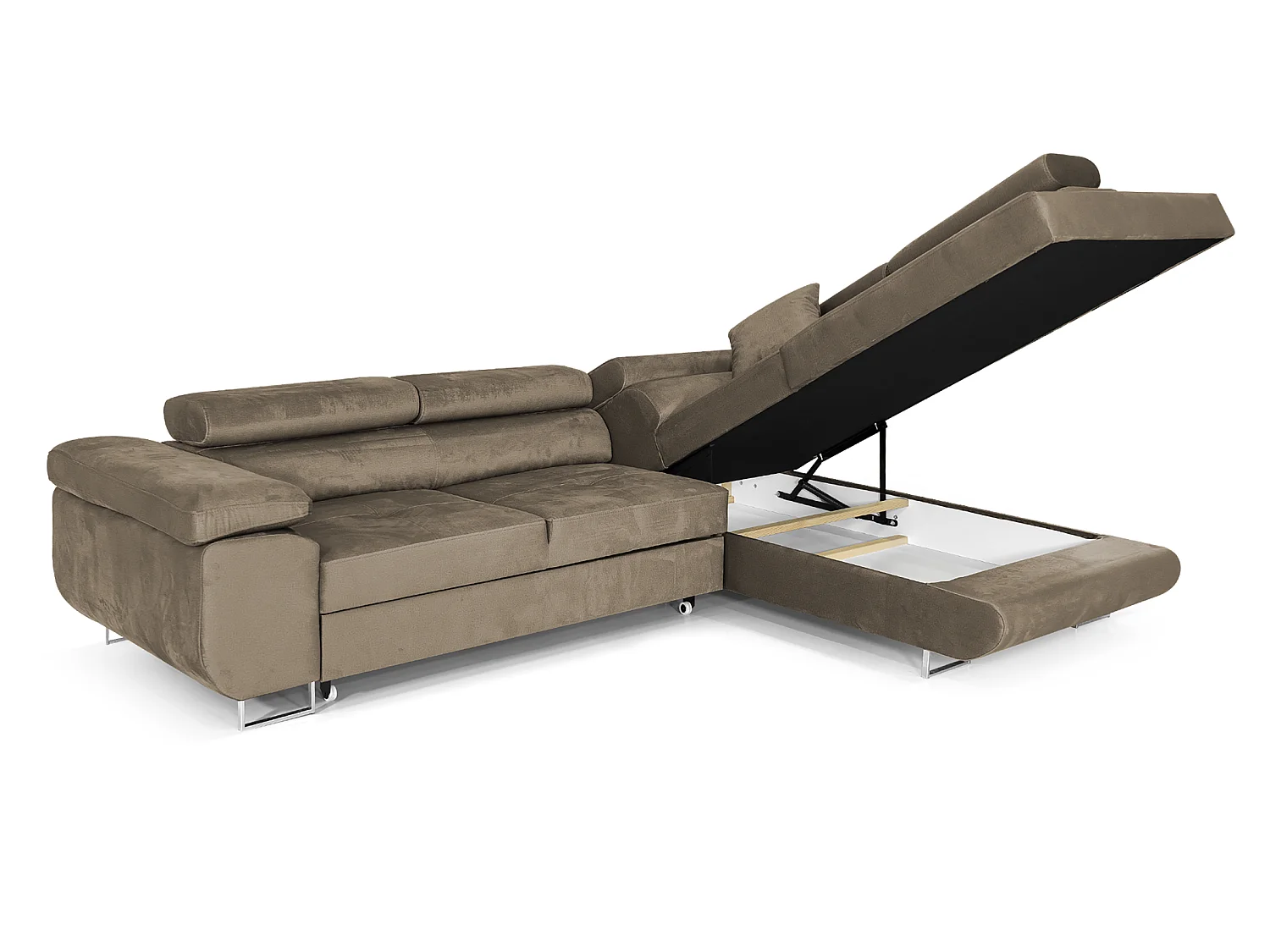 Canapé-lit COMFORTINO FURNITURE PASTI L-Form en Velours avec Rangement Marron Clair Angle Gauche