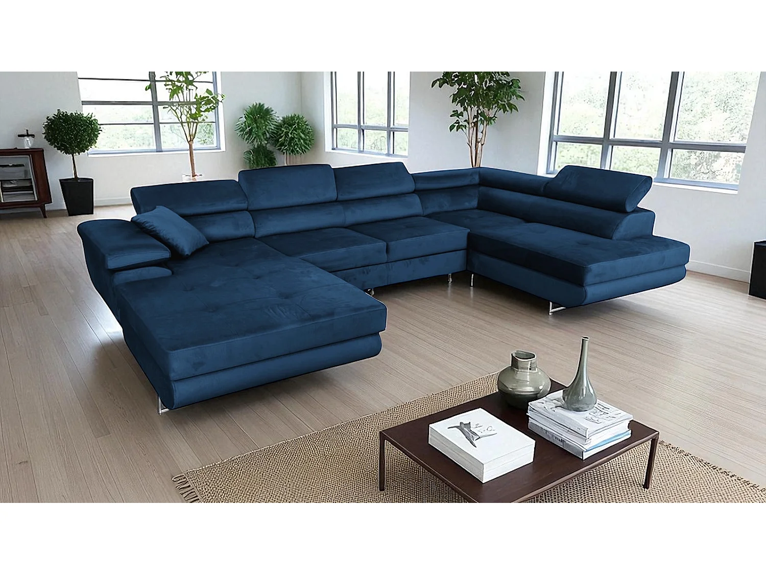 Canapé-lit d'angle COMFORTINO FURNITURE PASTI L-Form en velours bleu pétrole avec rangement - Canapé moderne d'angle 3 places