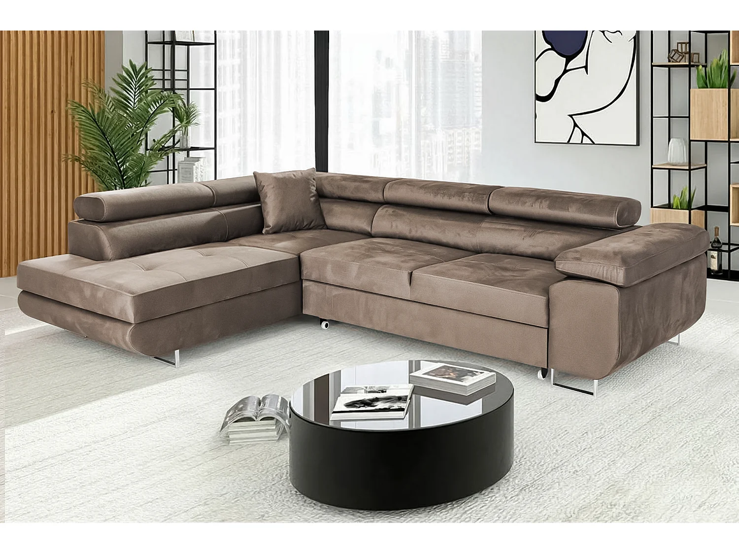 COMFORTINO MOBILIER Canapé-lit en forme de L Luna avec Rangement Velours Gris Design Moderne 3 Places