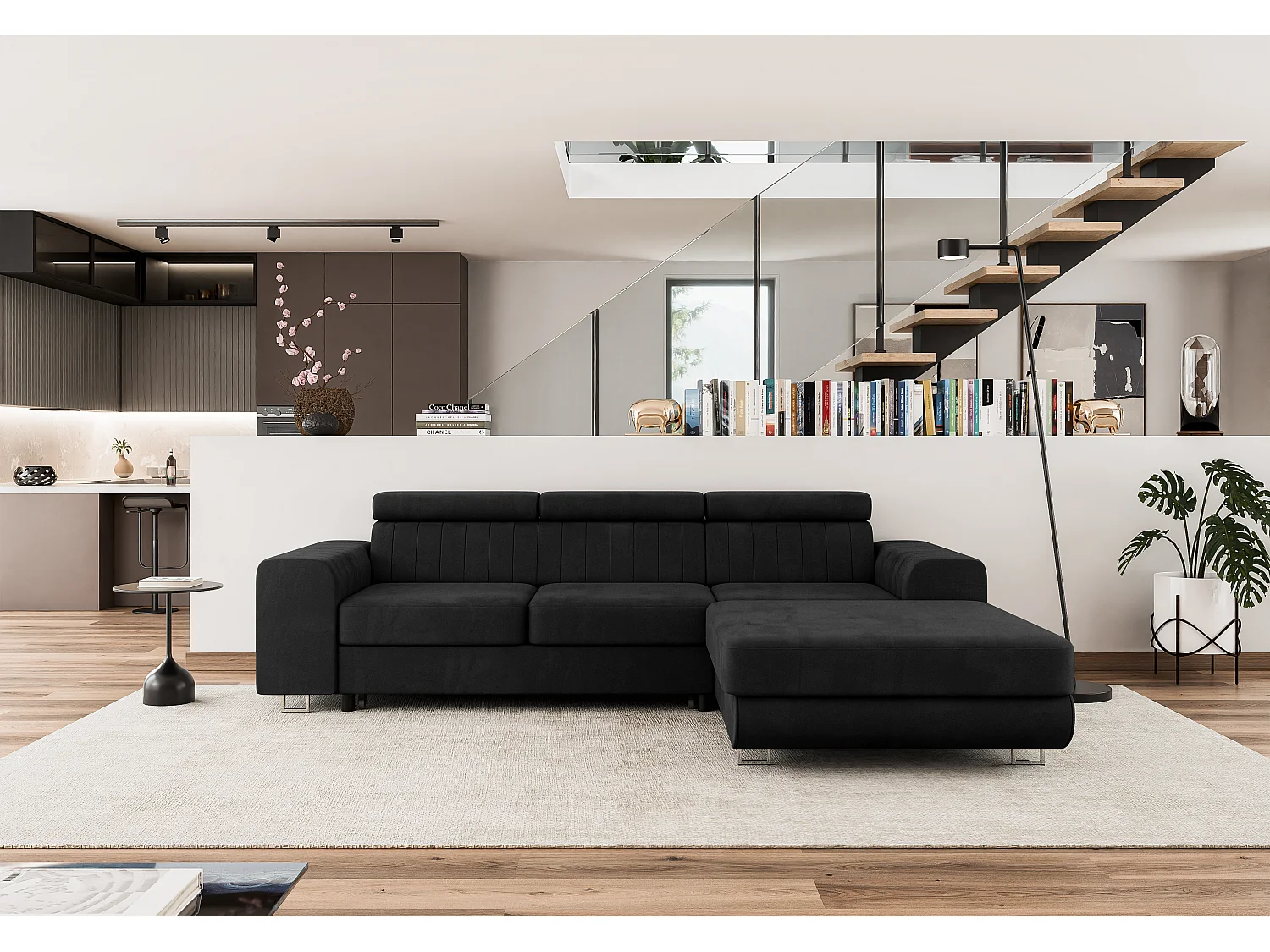 Meuble Comfortino Canapé-lit NOTA en L avec Rangement Velours Noir 3 Places Style Moderne