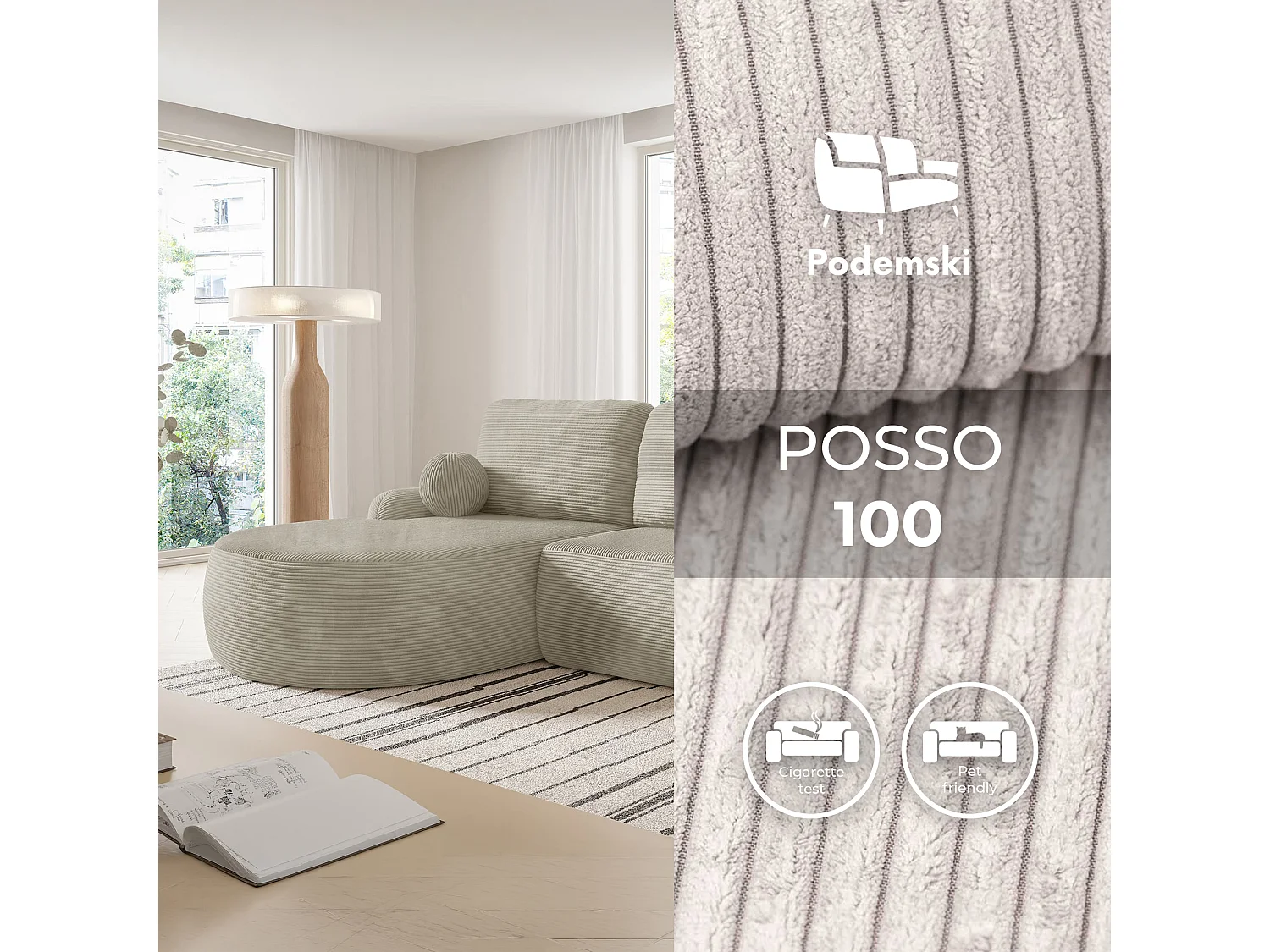 Canapé-lit moderne en forme de L avec rangement en tissu cordon beige sable - MIKI
