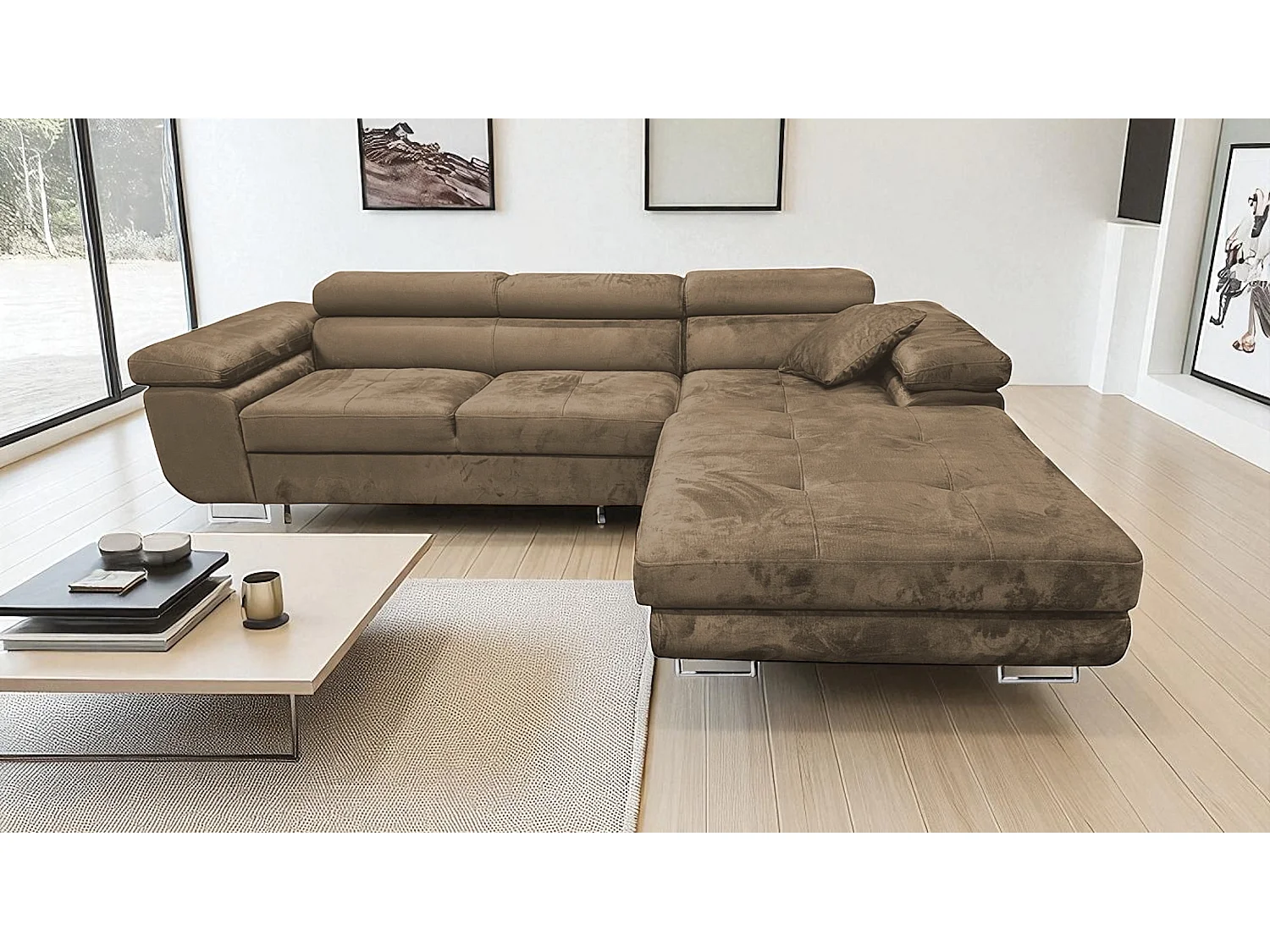 COMFORTINO FURNITURE Canapé d'angle avec fonction couchage Rodrigo Canapé en L avec coffre de rangement Marron clair Côté droit