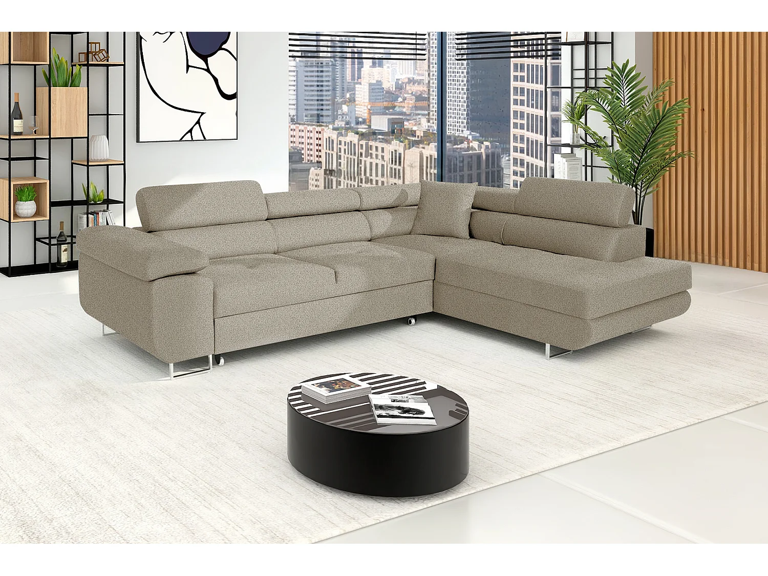 Canapé-Lit Moderne en Forme de L en Velours Gris avec Rangement - MOBILIER COMFORTINO PASTI
