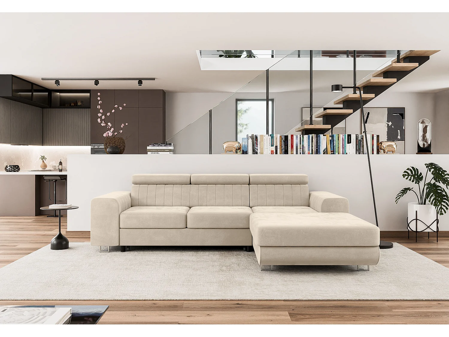 Canapé-lit en Velours Comfortino Furniture NOTA L-Form avec Rangement Beige Angle Droit