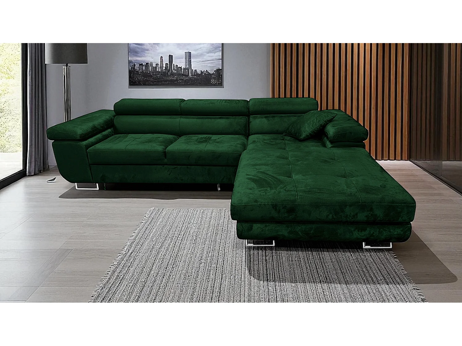 Comfortino Meubles Canapé Rodrigo en Forme de L avec Rangement Velours Vert 3 Places Design Moderne