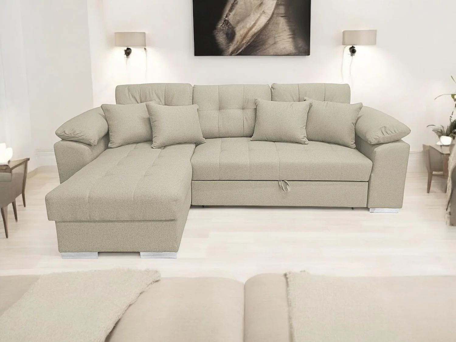 CANAPÉ D'ANGLE COMFORTINO FURNITURE PASTI U-Form Beige en Velours avec Canapé-Lit et Rangement