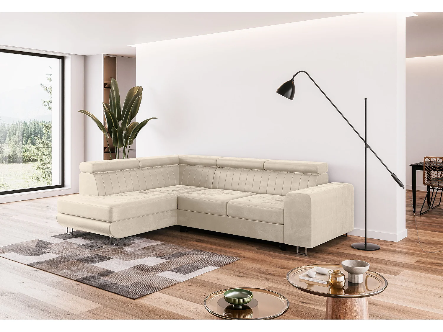 Canapé-Lit Comfortino NOLA en Velours en Forme de L avec Rangement Beige Moderne 3 Places