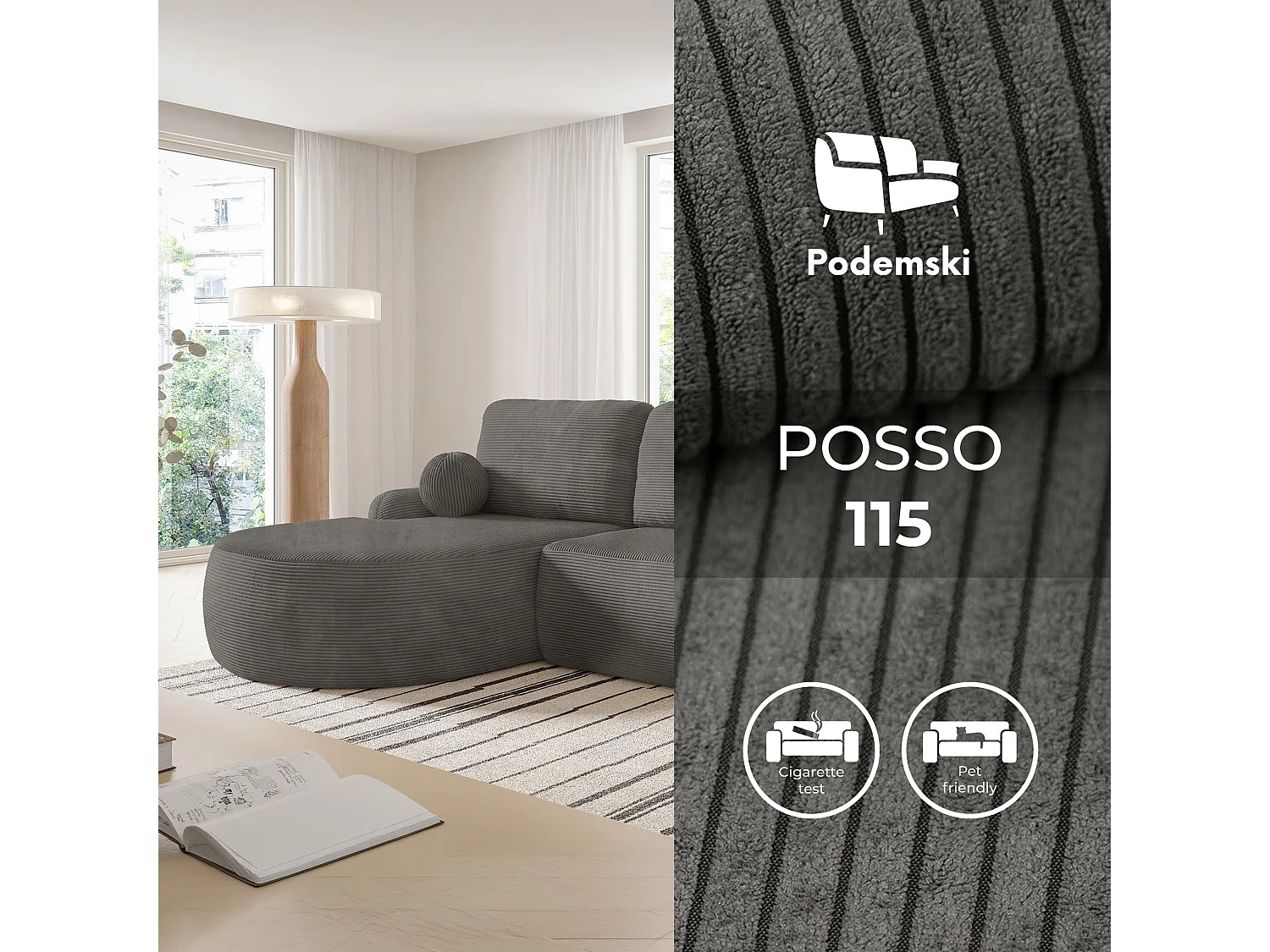 Canapé-lit moderne en forme de L avec rangement en tissu cordon gris anthracite - MIKI