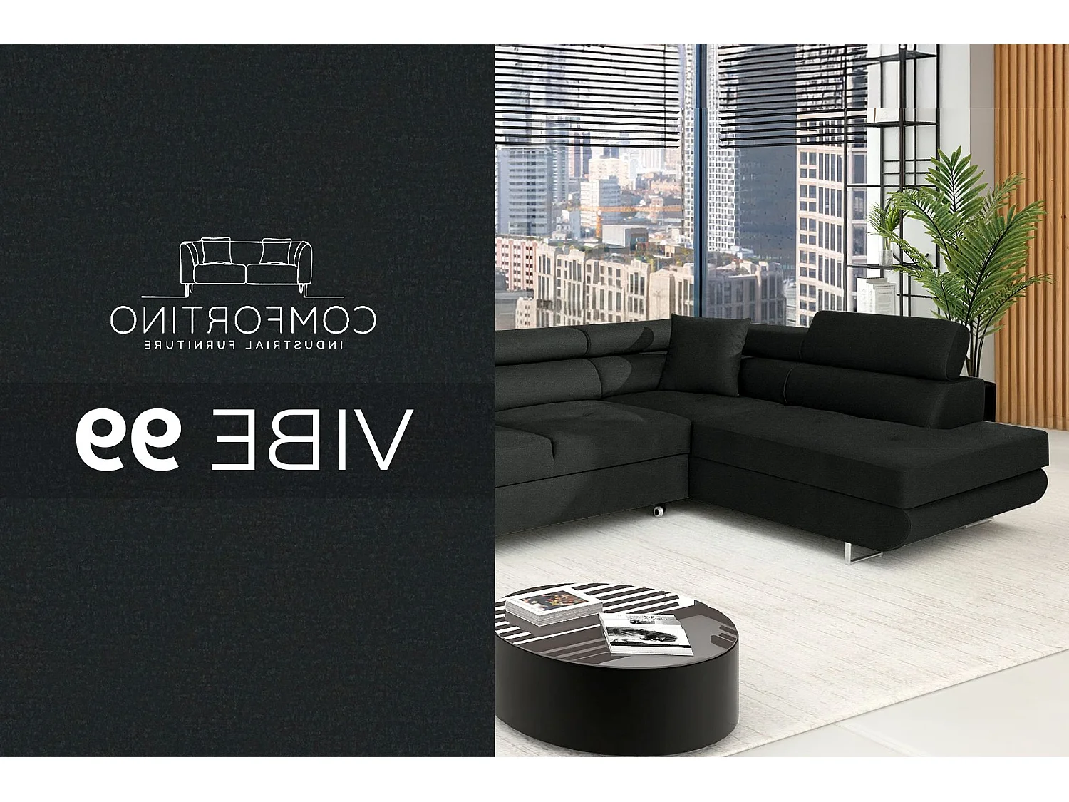 Canapé-Lit en Velours Noir COMFORTINO FURNITURE PASTI L-Form avec Rangement Design Moderne