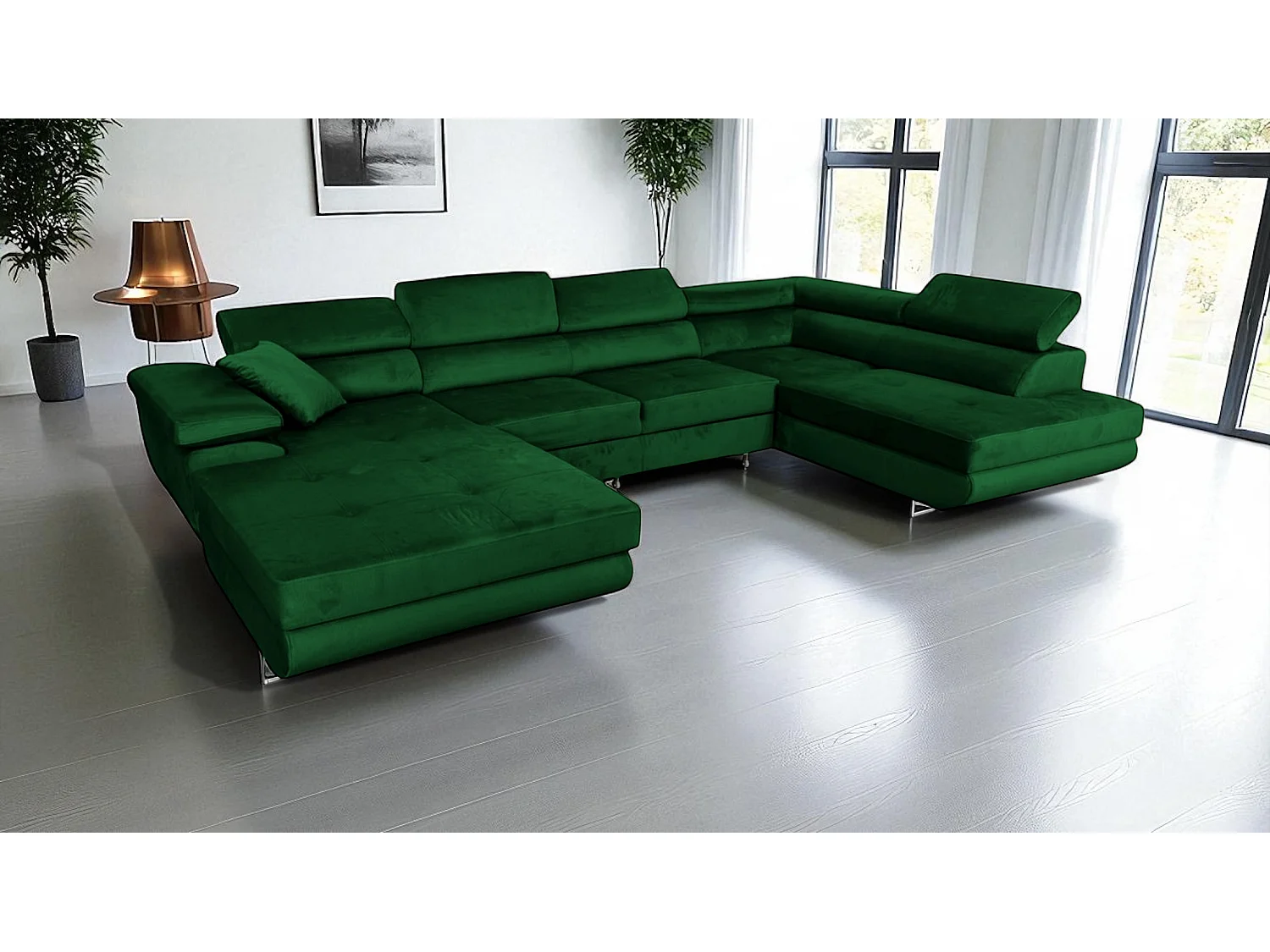 Canapé-lit en U avec Rangement en Velours Vert Angle Droit COMFORTINO FURNITURE Rodrigo