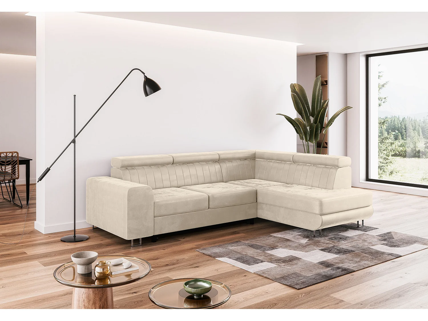 Canapé-Lit Comfortino Furniture NOLA en Forme de L Velours avec Rangement Beige Angle Droit 3 Places