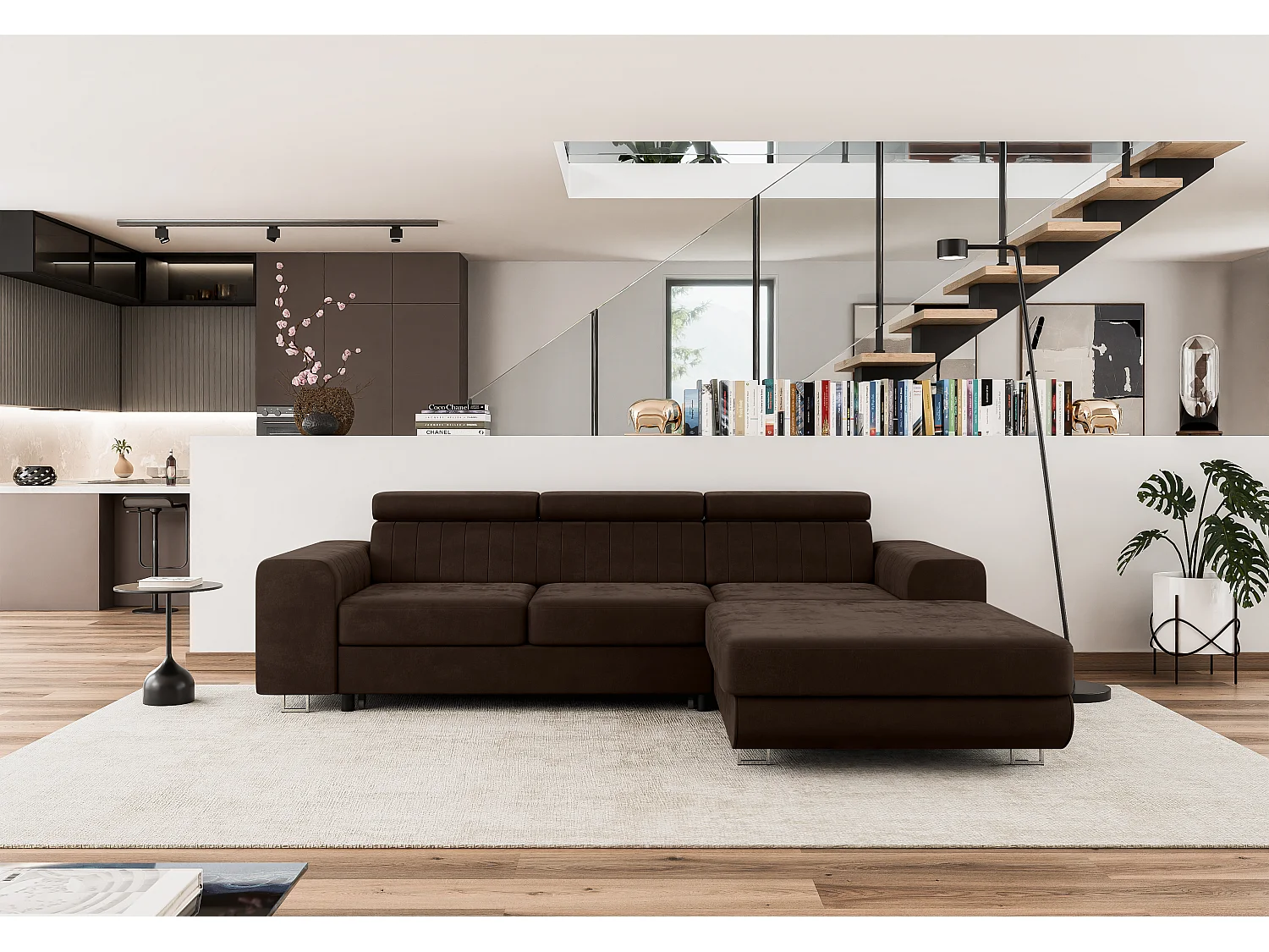 Canapé-lit Comfortino Furniture NOTA L-Form en Velours avec Rangement Marron Angle Gauche