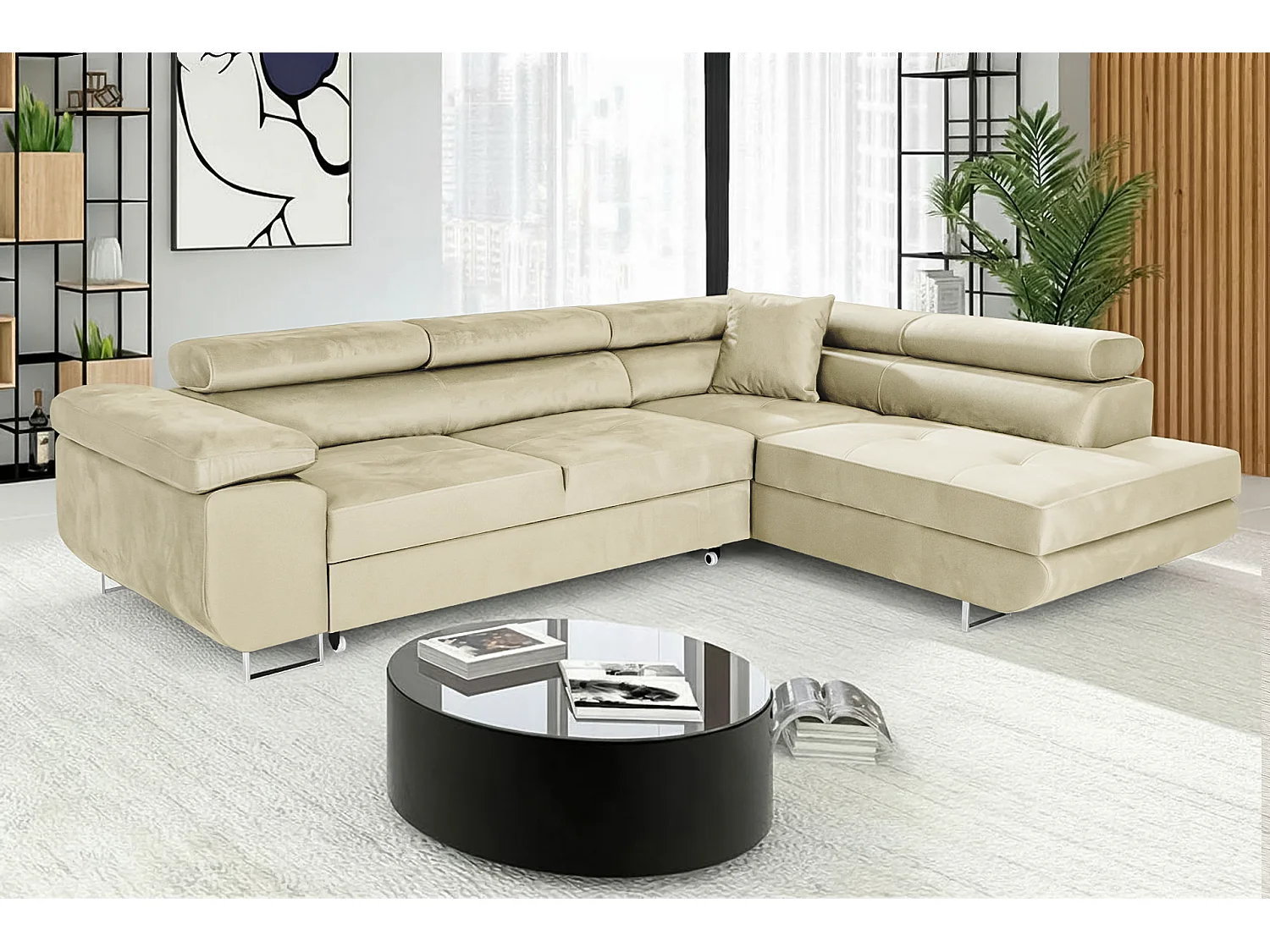 Canapé-Lit en Velours en Forme de L COMFORTINO FURNITURE avec Rangement Luna Gris Angle Gauche