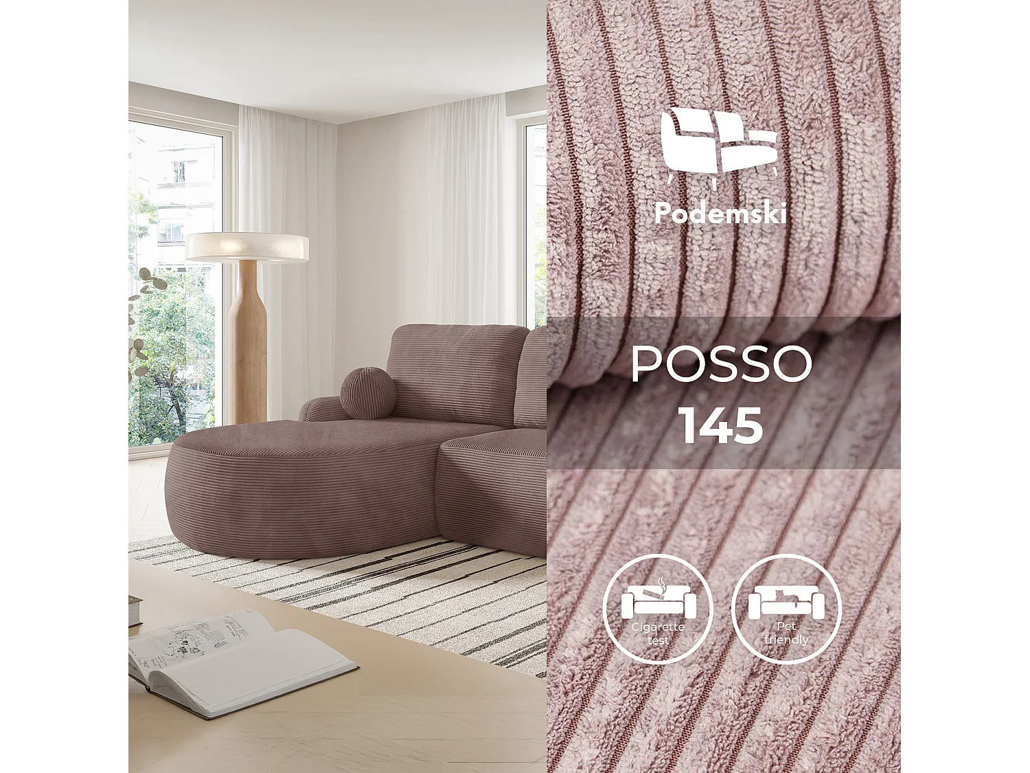 Canapé-lit moderne en forme de L avec rangement en tissu cordon rose taupe - MIKI