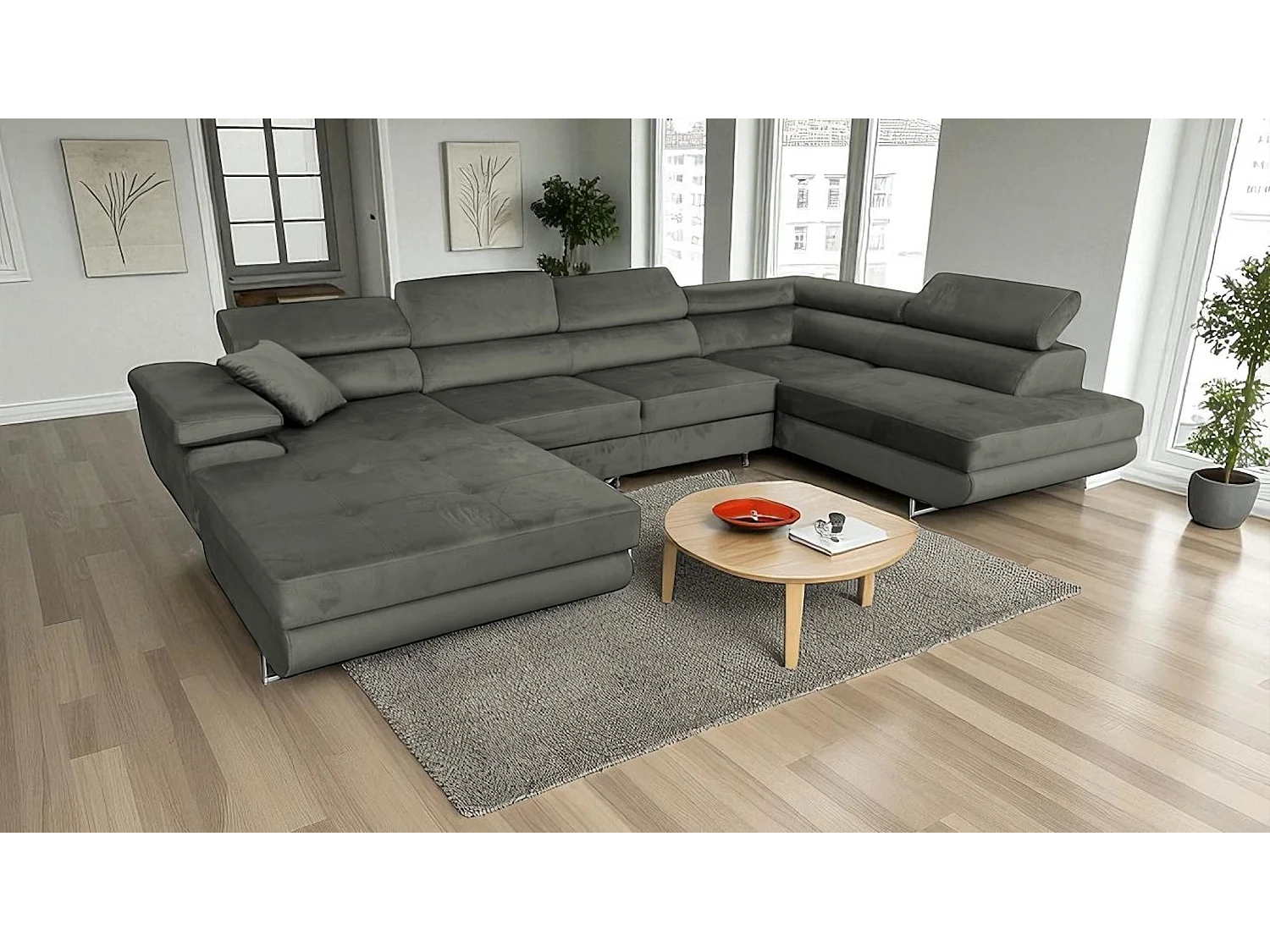 Canapé-lit moderne en forme de U avec rangement - Comfortino Furniture Rodrigo en Velours Graphite Angle Gauche
