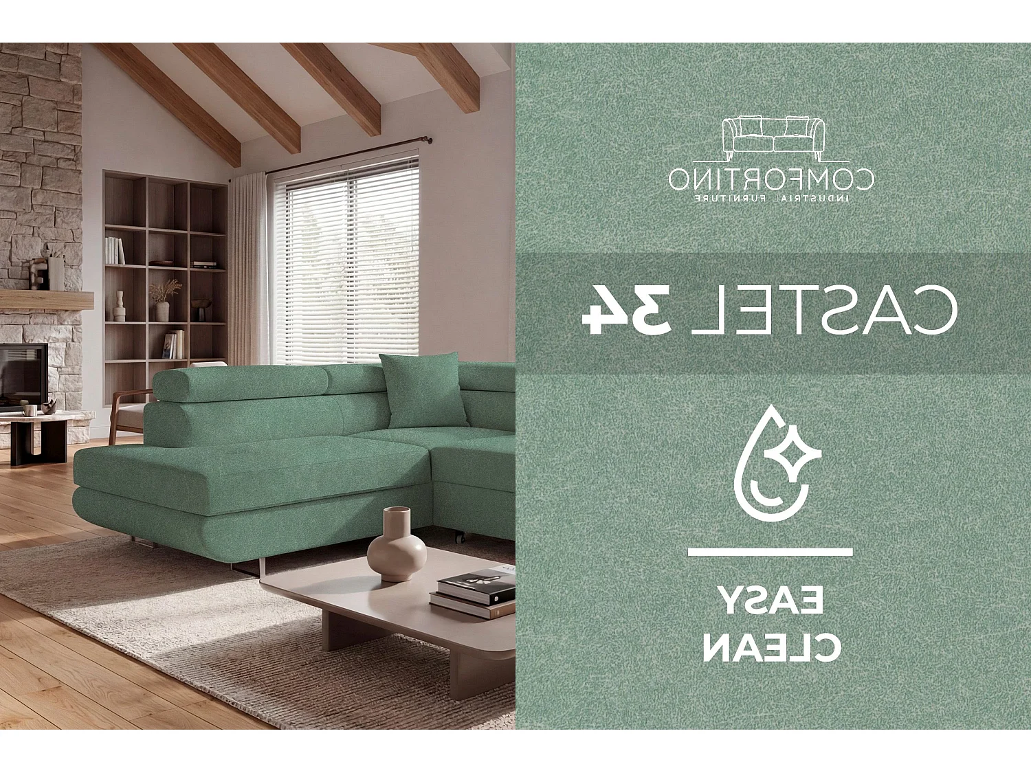 Canapé-lit Comfortino Furniture PASTI L-Form avec Rangement Vert Sauge Angle Droit Design Moderne