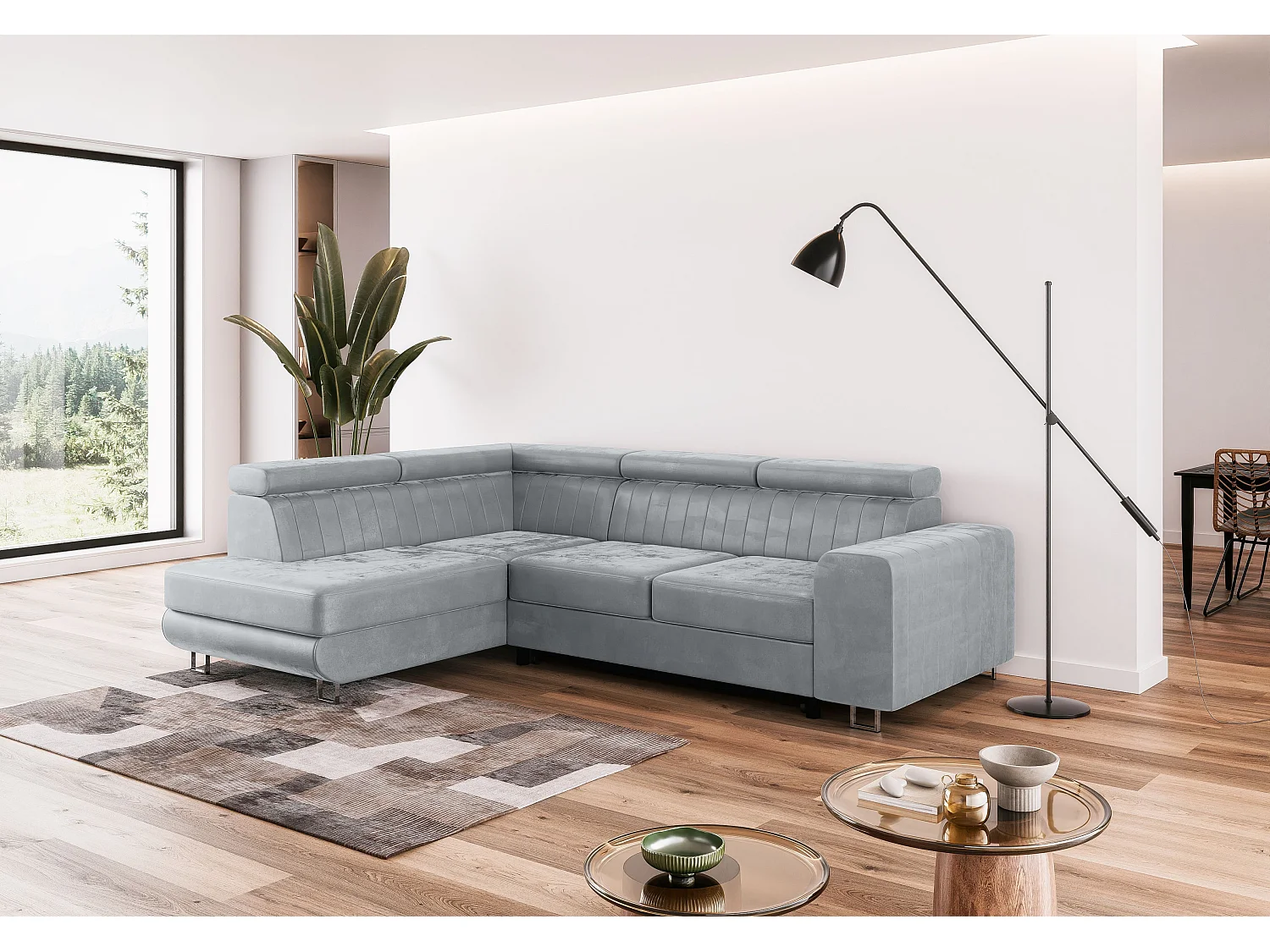 Canapé-lit Comfortino Furniture NOLA L-Form en Velours avec Rangement Gris Clair Angle Gauche 3 Places