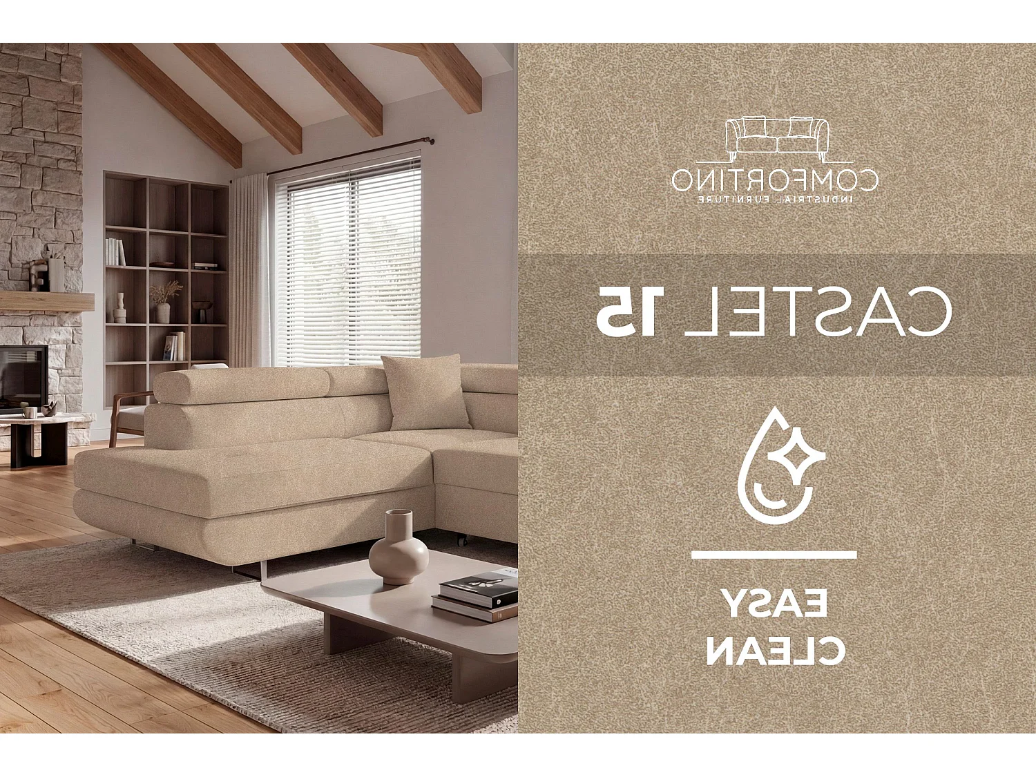 Meubles Comfortino PASTI Canapé d'Angle en Forme de L avec Rangement Beige Sable Droit